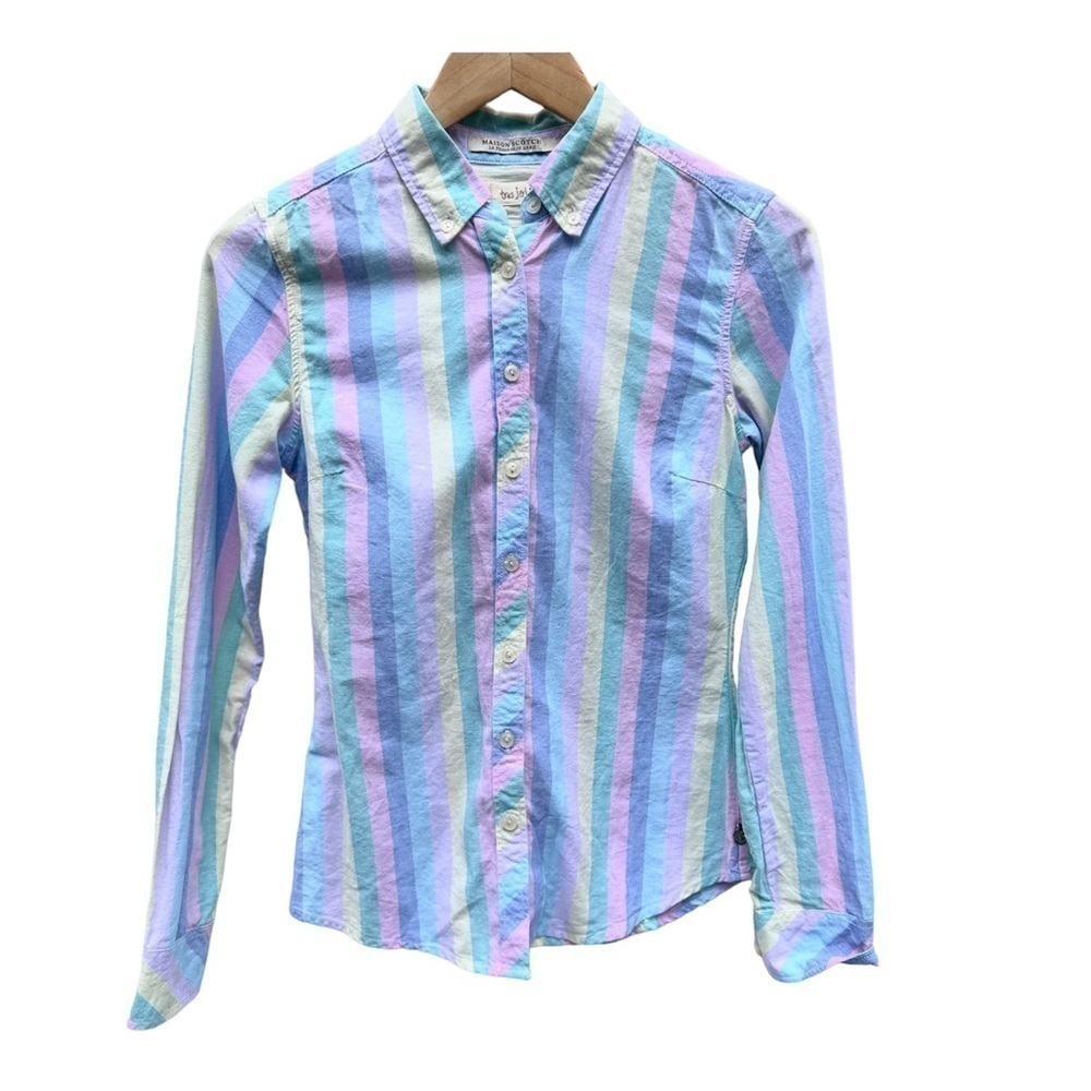 MAISON scotch soda striped button down shirt pastel blue pink yellow petite